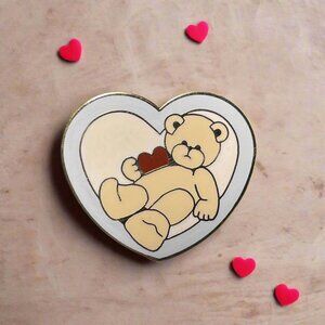 Valentines Teddy Bear with Heart Love Heart Shape Enameled Brooch Pin Vintage